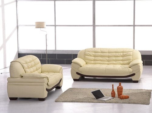 Elegant Modern Contemporary Beige Leather Sofa Loveseat Living Room Set