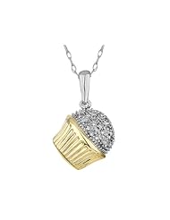 Diamond Cupcake Pendant Necklace in Sterling Silver with Yellow Gold with Chain