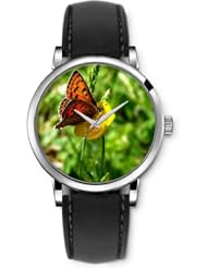SPRAWL Aanalog Fashion Series Silver Ladies Watches of Genuine Black Leather Strap,Unique Wrist Watch for Women Girls Designed with Butterfly yellow flowers