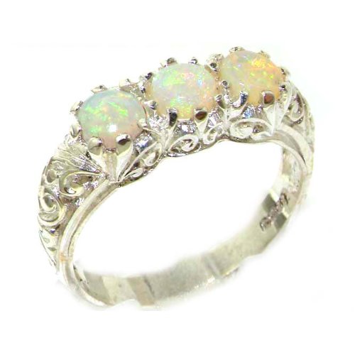Luxury Solid Sterling Silver Natural Opal Art Nouveau Carved Trilogy Ring - Finger Sizes 5 to 12 Available