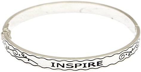 INSPIRE inscribed Filigree Inspirational Brass Hinge Silver Plated Bangle Bracelet