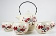 Chinese Tea Set - Contemporary Tea Set - Tan Ceramic with Red Cherry Blossom Floral Design / Asian Calligraphy Edging