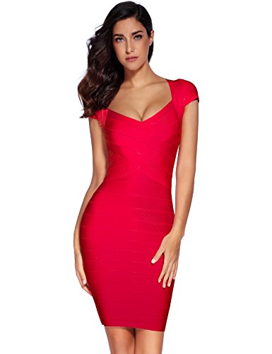 Meilun Women's Rayon Sexy Short Sleeve Square Neck Bandage Dress (Medium, Red)