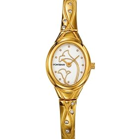 Fontenay - UG241ZBW - Montre Femme Ovale - Quartz Analogique - Fond Blanc Motif - Pierres synth�tiques - Bracelet Rigide M�tal Dor�