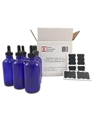 Beauty: (6) 4 oz Empty Cobalt Blue Glass Bottles W/Glass Eye Droppers and (6) Chalk Labels for Essential Oils, Aromatherapy - Basic Essential Bottles