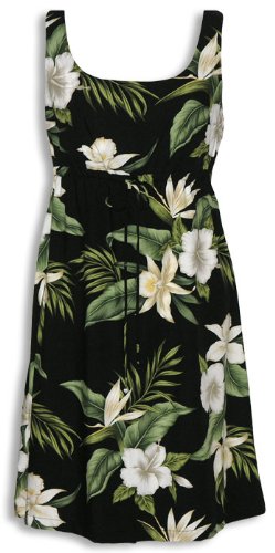 Short Tank Dress - White Orchid Hibiscus Empire Drawstring Front Hawaiian Aloha Square Neck Dress - Regular and Plus Size