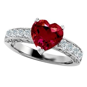 3.00 cttw 925 Sterling Silver 14K White Gold Plated Lab Created Heart Shape Ruby Engagement Ring