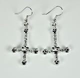 Silver Inverted Skull Cross Earrings Death Metal Evil Satan