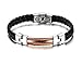 Mens Black Weave Leather Bracelet,Copper Cable Inlay,Bangle,Stainless Steel Buckle