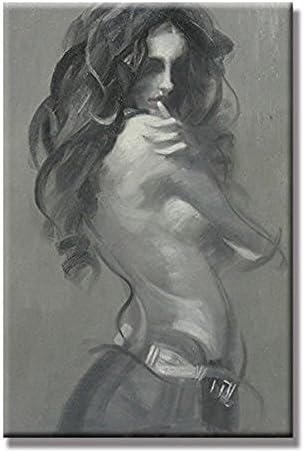 WALL ARTS Seductive Woman Black And White Hand Painted Oil Painting with Stretched Frame Wall Art 24 x 36 Inch For Room