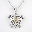 Sea Turtle with Heart Pendant in Sterling Silver and 14kt Gold on 18" Rhodium and Sterling Box Chain, #8273