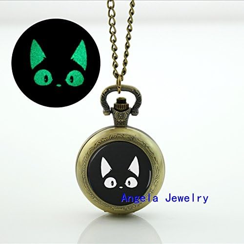 Pretty Lee Fashion Black Cat Glowing Pocket Watch Necklace Cat Lovers Gifts Glass Dome Jewelry Glowing Watch