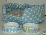 Dog Basket Bed with 2 feed bowls Spots and Stripes NEW