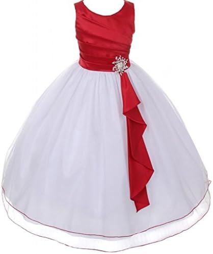 AkiDress Satin & Tulle Sleeveless Flower Girl Dress with Rhinestone Pendant Red-White 4-14