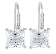 Platinum Plated Sterling Silver 6x6 mm Emerald-Cut Cubic Zirconia Lever Back Earrings