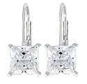 Platinum Overlay Sterling Silver 6x6 mm Emerald-Cut Cubic Zirconia Leverback Earrings