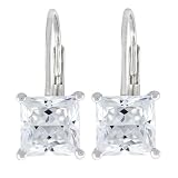 Platinum Plated Sterling Silver 6x6 mm Emerald-Cut Cubic Zirconia Lever Back Earrings