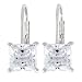 Platinum Plated Sterling Silver 6 x 6mm Emerald-Cut Cubic Zirconia Lever Back Earrings