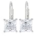 Platinum Plated Sterling Silver 6 x 6mm Emerald-Cut Cubic Zirconia Lever Back Earrings