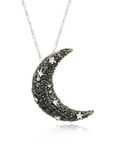 10k White Gold Moon Star Black and White Diamond Pendant Necklace (9/10 cttw, I-J Color, I2-3 Clarity), 18