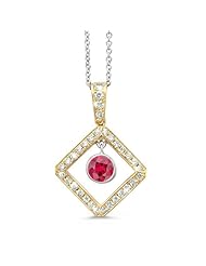 Diagonal Square And Circle Diamond Pendant In 18K Yellow Gold With A 0.58 ct. Genuine Ruby Center Stone.