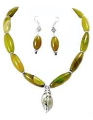 Candygem Yellow Green Olive Agate Hand Carved Necklace with Large Conch Shell Detail & Free Matching Hook Earrings From Nicolette Bermans Love of Nature Collection.