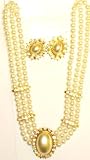 Three Strand Simulated Ivory Pearl Short Chain Necklace Crystals Loaded on Gold Locket Matching...