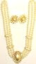 Three Strand Simulated Ivory Pearl Short Chain Necklace Crystals Loaded on Gold Locket Matching Earrings for Teens