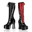 Demonia Boots Women's SLUSH-219, 4 3/4" Corset Front Platform Black Pat/Suede Knee Boots