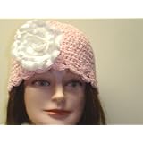 Cp155, Hand Crocheted Pink Chenille Gimp Tweed Skull Cap with One Pinned White Silk Flower for Women and Teens