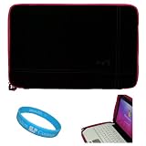 11.6" Black with Magenta Trim Protective Nubuck Carrying Sleeve Case Cover with Cushioned Interior Bubble Padding and Exterior Accessory Pocket for 10.1 - 11.1 inch Laptop or Netbook (Fits All Brands) + SumacLife TM Wisdom Courage Wristband