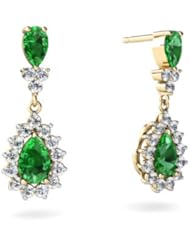 Created Emerald 14kt Yellow Gold Dangle Drop Earrings