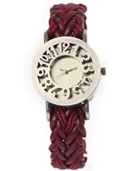 HACBIWA Fashion Womens Ladies Girls Weave Leather Hollow Band Dial Classic Vintage Quartz Wrist Watch Red