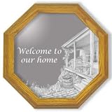 'Welcome to Our Home'' Country Art Etched Mirror, Octagon Solid Oak Framed Wall Mirror, 20 inches - Great Housewarming Gift