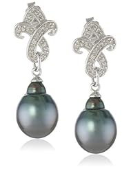 Sterling Silver, Tahitian Cultured Pearl and Diamond Dangle Earrings (0.1 cttw, GH Color, I2-I3 Clarity)