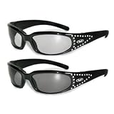 Set of 2 Women Motorcycle Padded Sunglasses Glasses Clear and Smoked Rhinestones With Vented EVA Foam Padding UV400 Filter for Maximum UV Protection