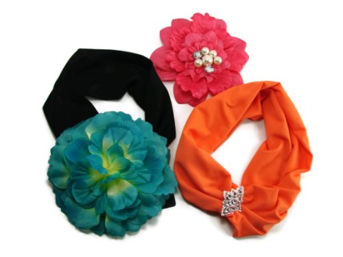 M Style Lab Junior Women's 3 Pc Set; Flower Head Wrap, Jewel Head Wrap, Flower Hair Clip