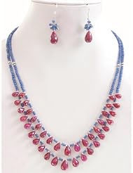 2 Rows Elegant Natural Sapphire & Ruby Drops Beaded Necklace with Free Earrings
