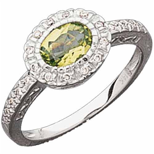 0.10 Ct.T.W. Sparkling Round Cut Diamonds, Oval Shape Peridot, 14Kt. White Gold. Peridot and Diamond Ring