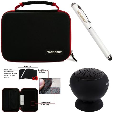 Harlin Protective Cube Carrying Case for Nuvision TM785M3 7.85" Tablet + Laser Stylus Pen + Black Bluetooth Speaker & Stand (Red Trim)