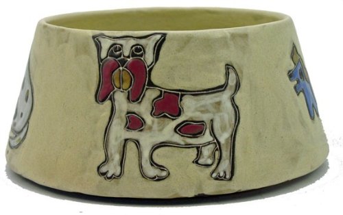 MARA STONEWARE COLLECTION - X-Large 64 Oz. Pet Feeding Or Water Dish Brown Bowl - Abstract Puppy Dog Design