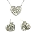10K White Gold Diamond Heart Pendant and Earring Set