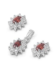 Sterling Silver Wreathed Garnet and Clear CZ Pendant with Earrings Jewelry Set