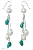 Pearl and turquoise earrings, 'Contrasts' 0.6' W 3.4' L