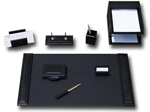 Desk Accessory Set, 10-piece Blackwood and Genuine Top-grain Black Leather