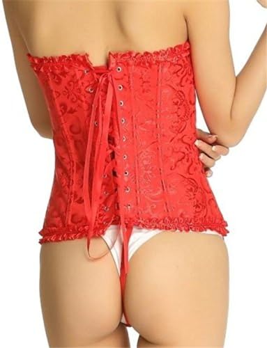 Awisi Women's Boned Lace Up Corset Satin Overbust Corset With G-string Red