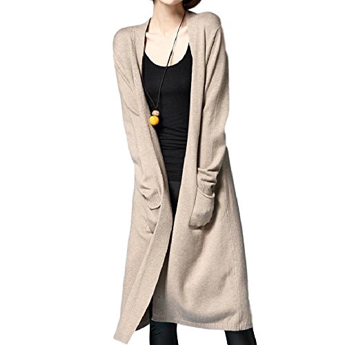 Teranos レディース ロングコート 長袖 ポケット ひざ丈 Vネック 無地 春 秋 カジュアル シンプル