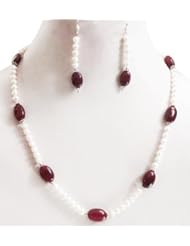 Fashionable Single Strand Natural Beautiful Cabochon Ruby & Pearl Beaded Necklace with Free Earrings