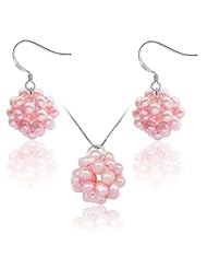 18k Gold Over Sterling Silver Cultured Freshwater Pearl High Luster 16-17mm Pink AAA Quality, with 3-4mm Pearls, Earrings and Pendant Necklace Set, Gift Pouch.