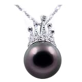 18K White Gold with Zircon and 12.3mm Tahitian Pearl Pendant & 16" 14K White Gold Chain